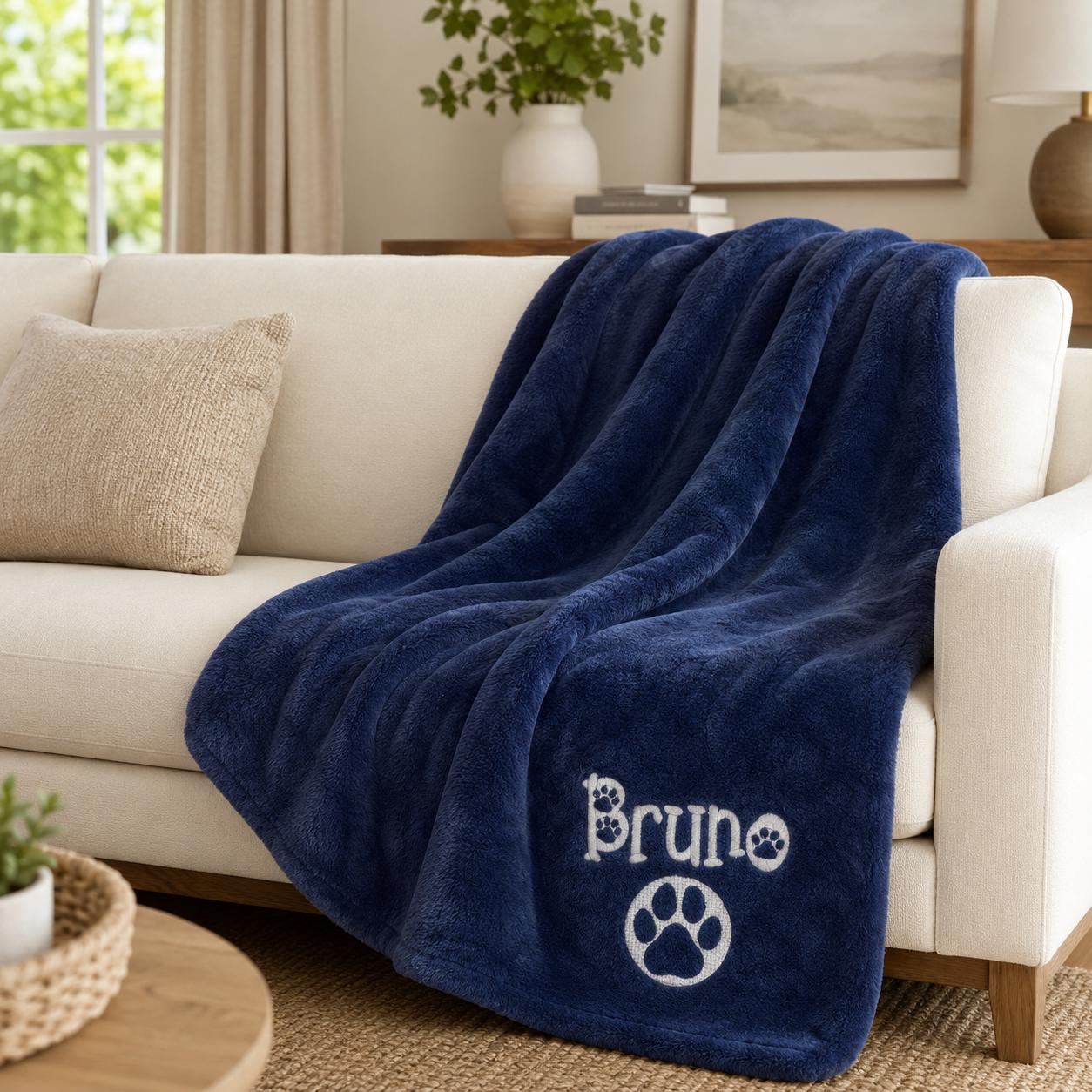 Grey personalised pet blanket with embroidered name
