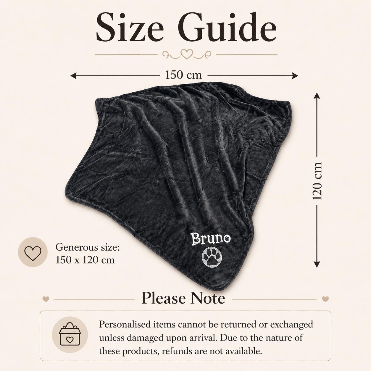 Black personalised pet blanket with custom embroidery