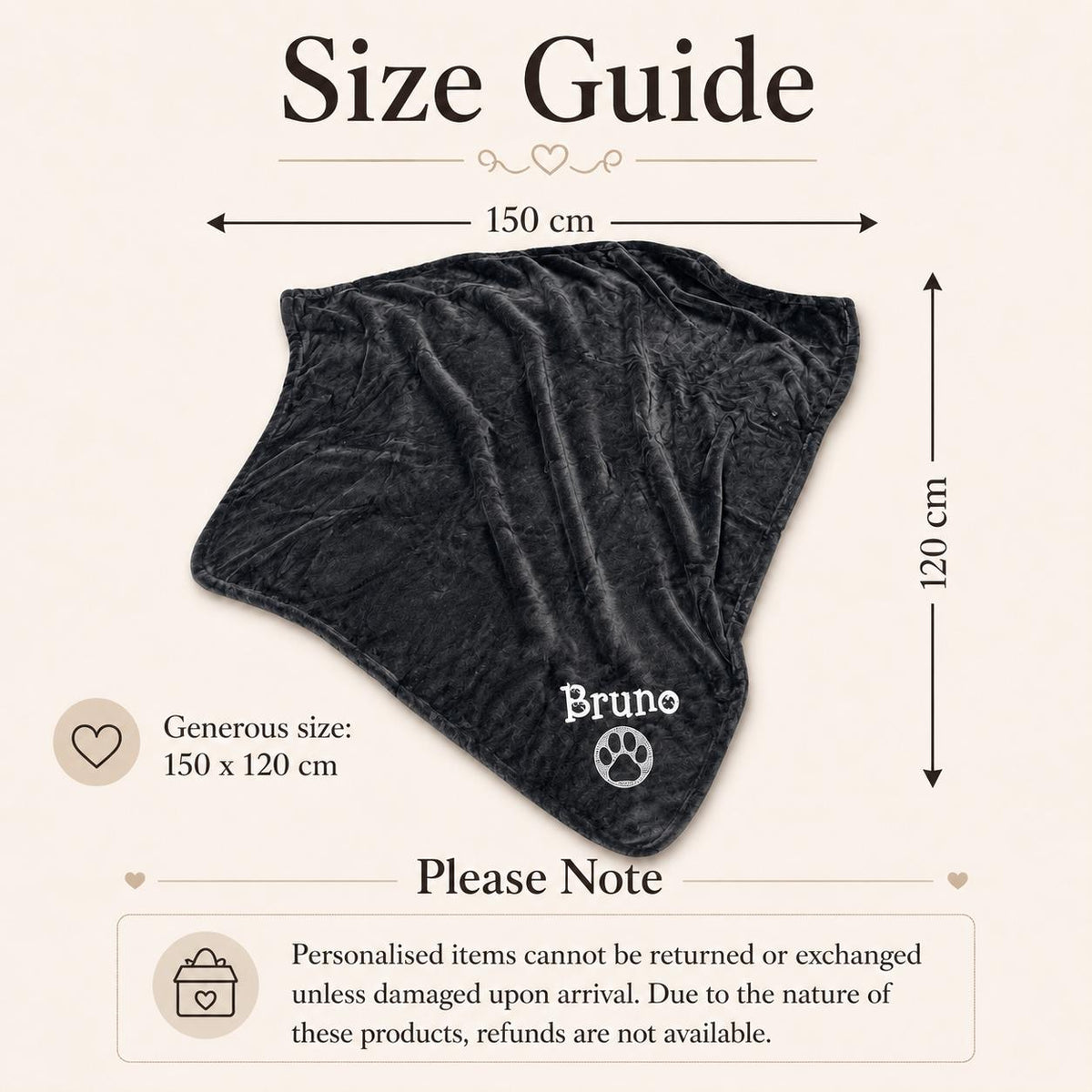 Black personalised pet blanket with custom embroidery