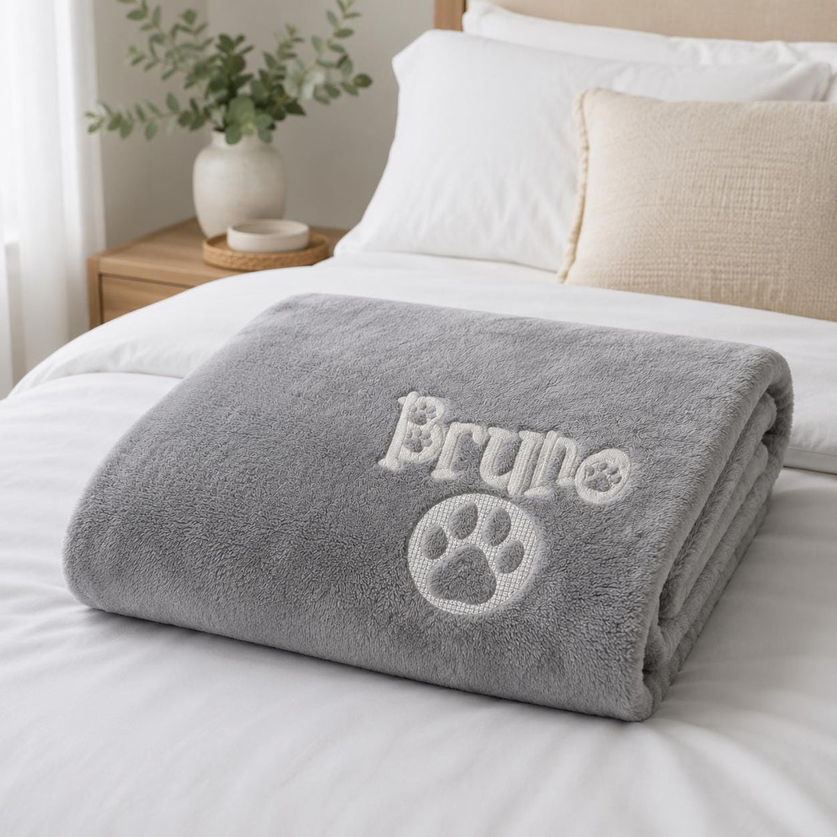 Embroidered pet name blanket close-up