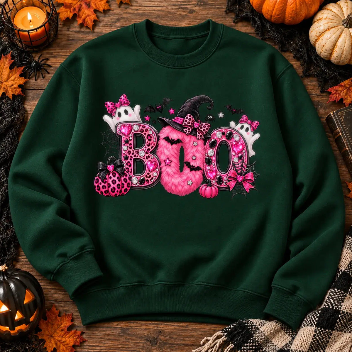 Bottle Green Pink Boo Halloween jumper flat lay