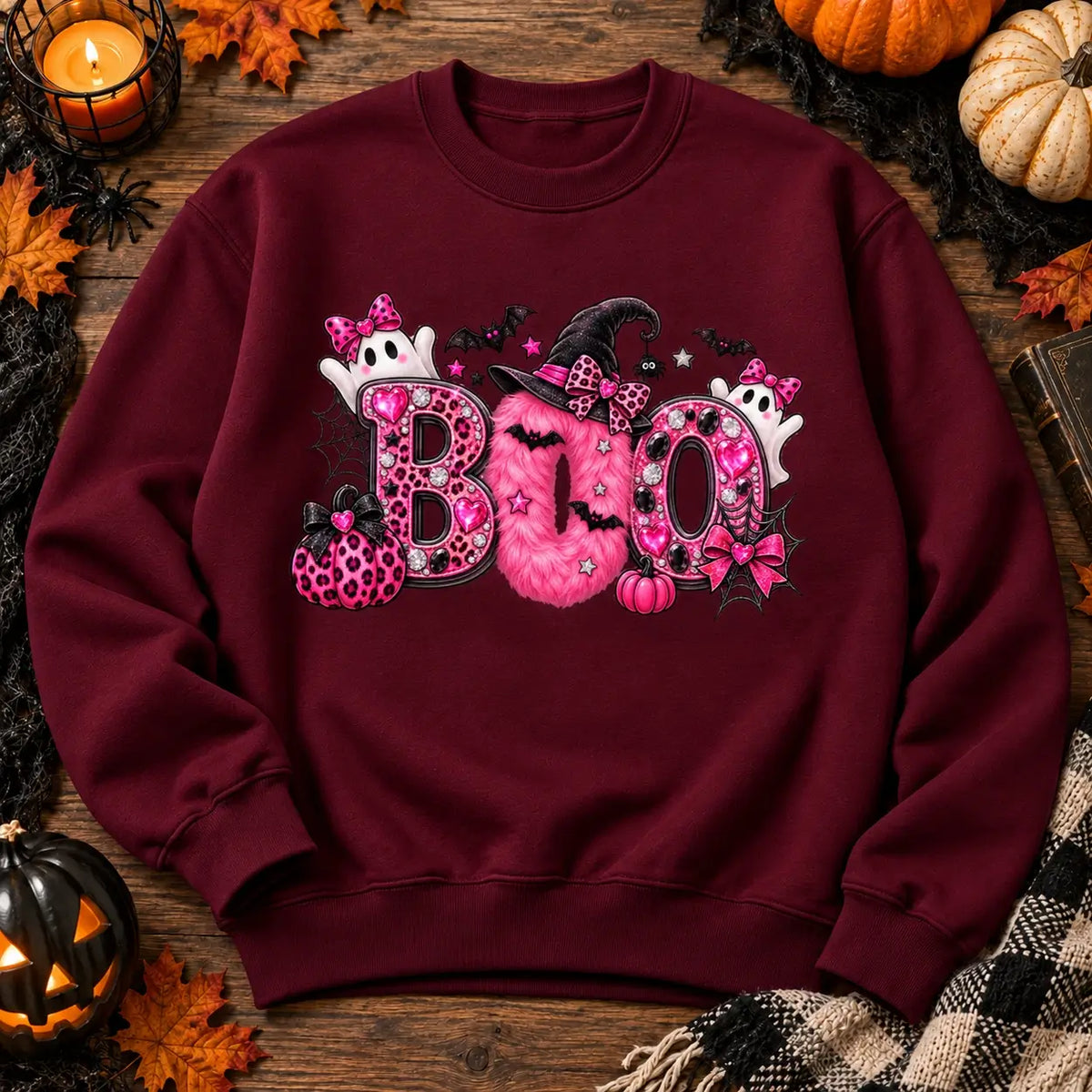 Burgundy Pink Boo Halloween jumper flat lay