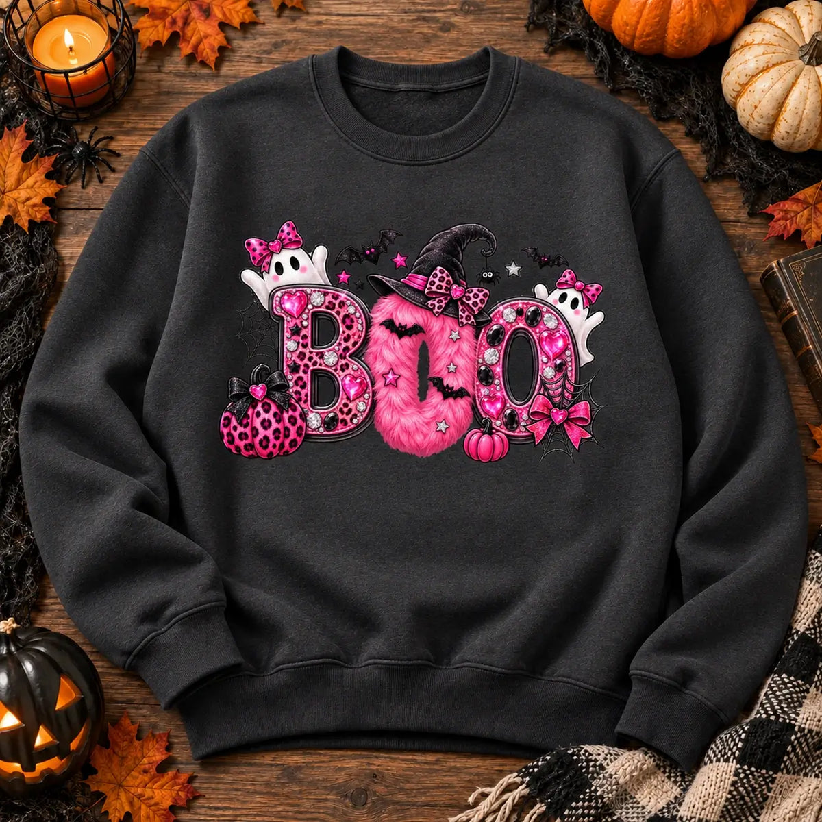 Charcoal Pink Boo Halloween jumper flat lay