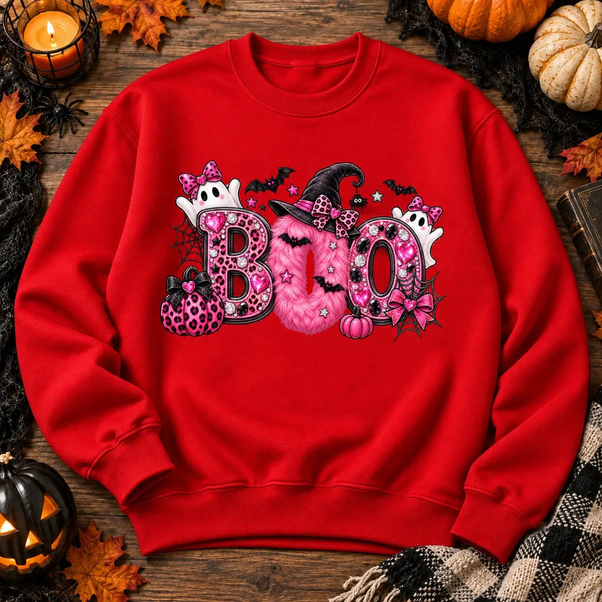 Fire Red Pink Boo Halloween jumper flat lay
