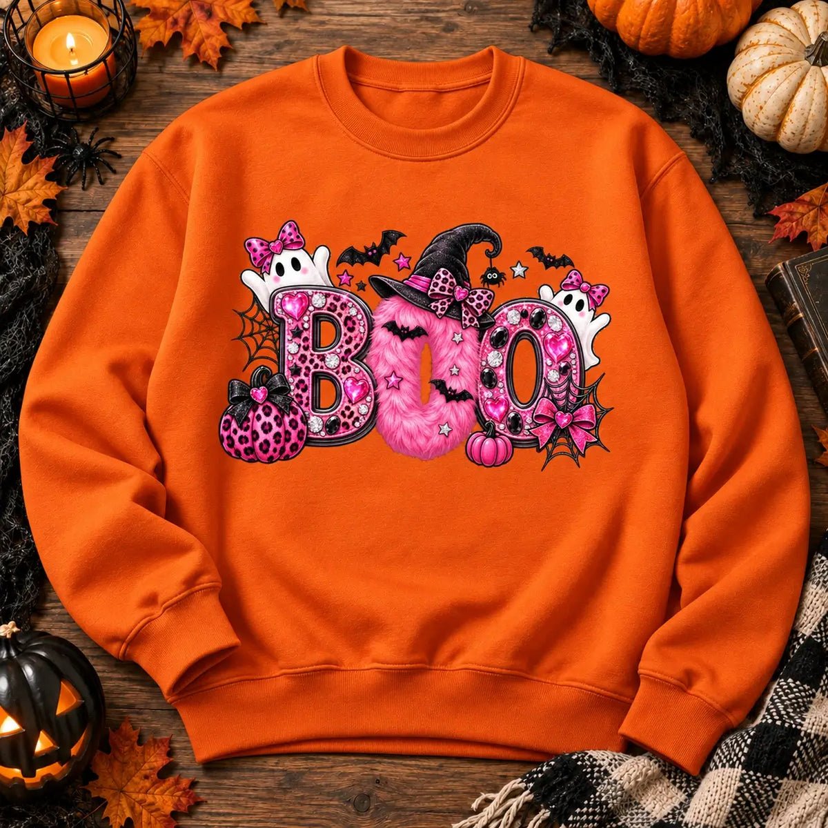 Orange Pink Boo Halloween jumper flat lay