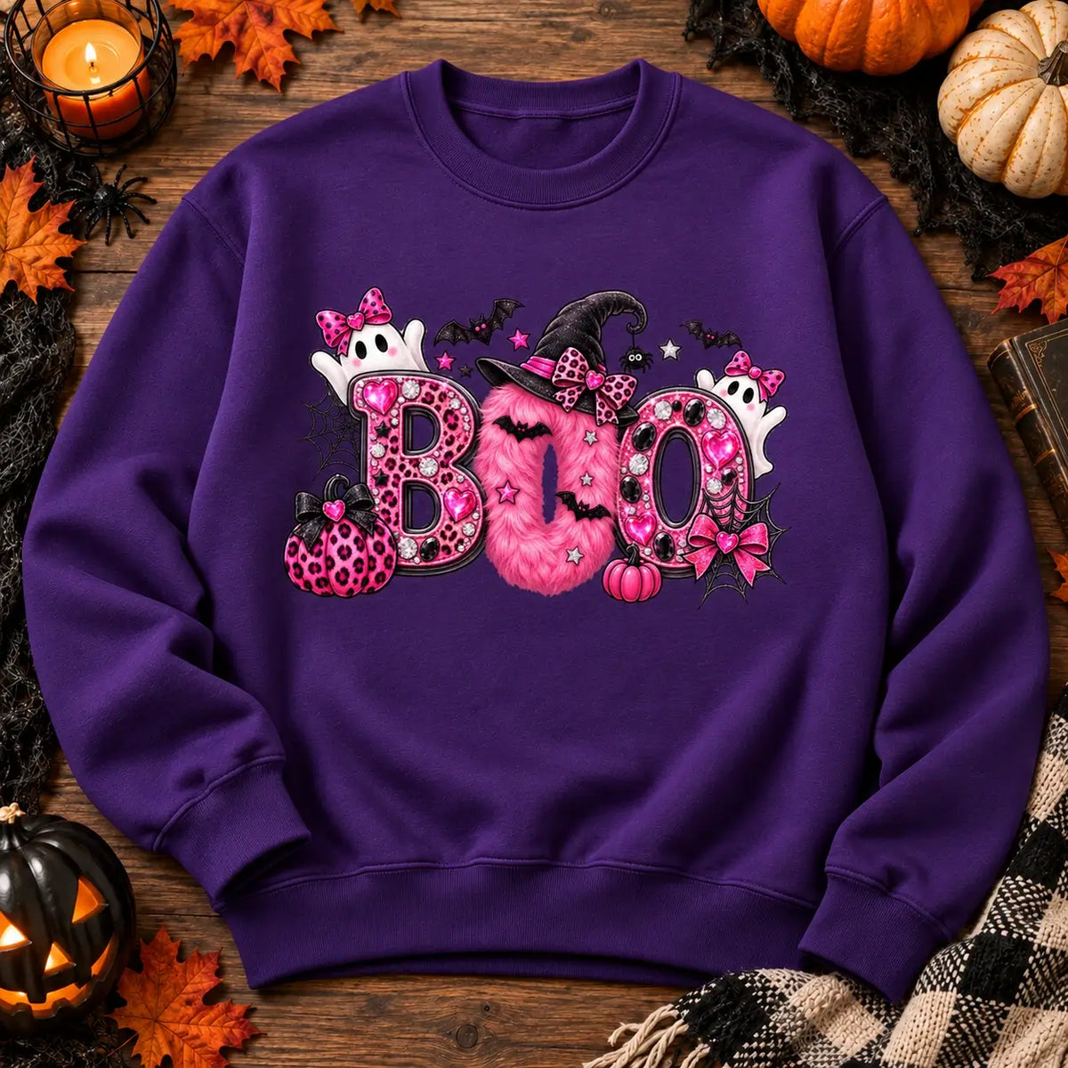 Purple Pink Boo Halloween jumper flat lay