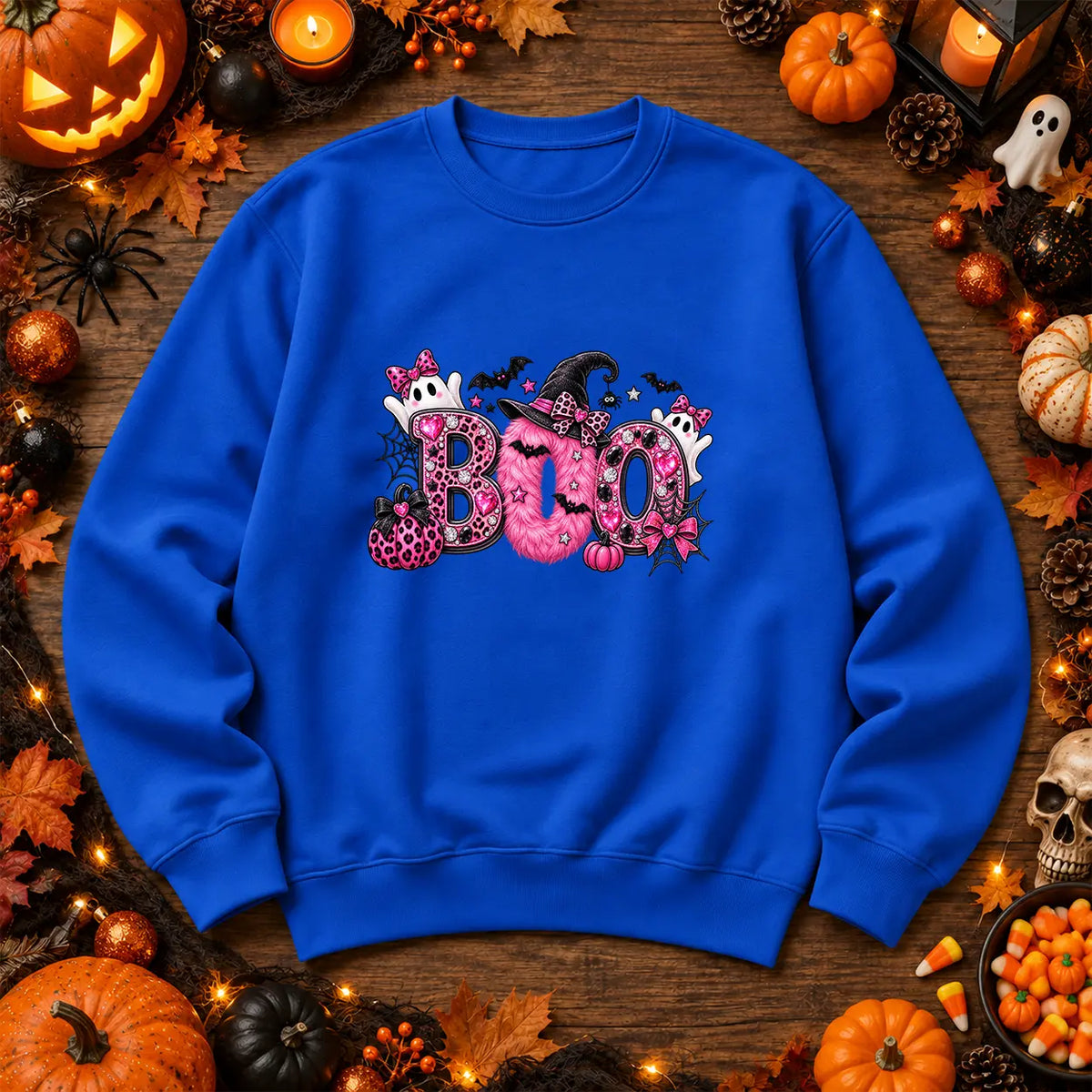 Royal Blue Pink Boo Halloween jumper with cute ghost artwork