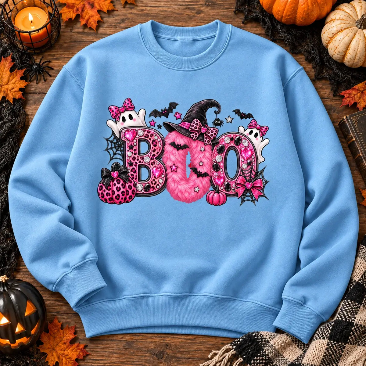 Sky Blue Pink Boo Halloween jumper flat lay
