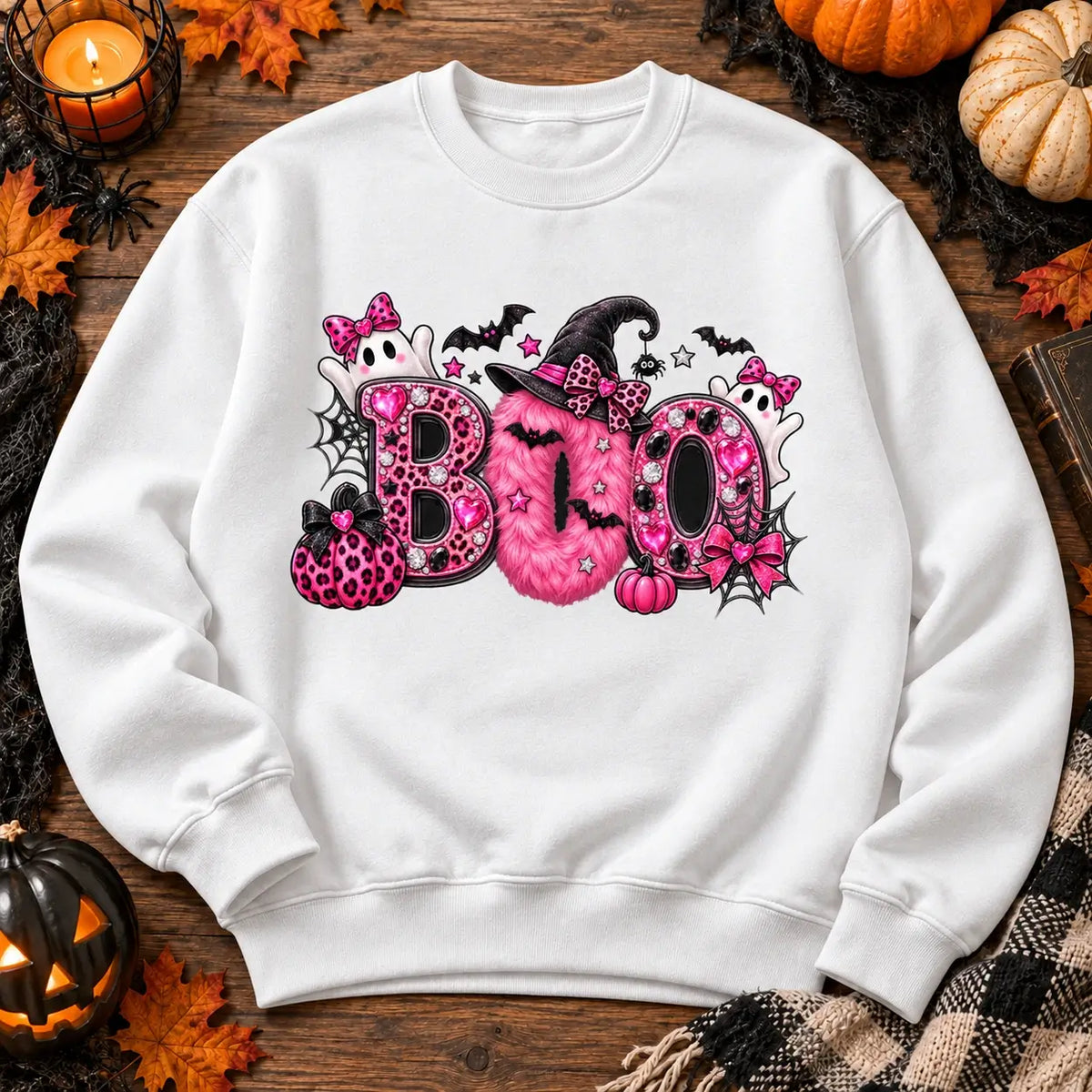 White Pink Boo Halloween jumper flat lay