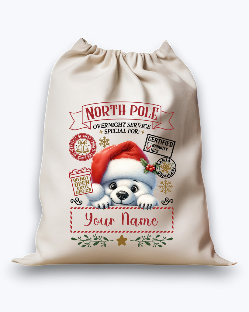 Personalised DTF Printed Christmas Sack - Cute Polar Bear Design 40cm x 61.5cm