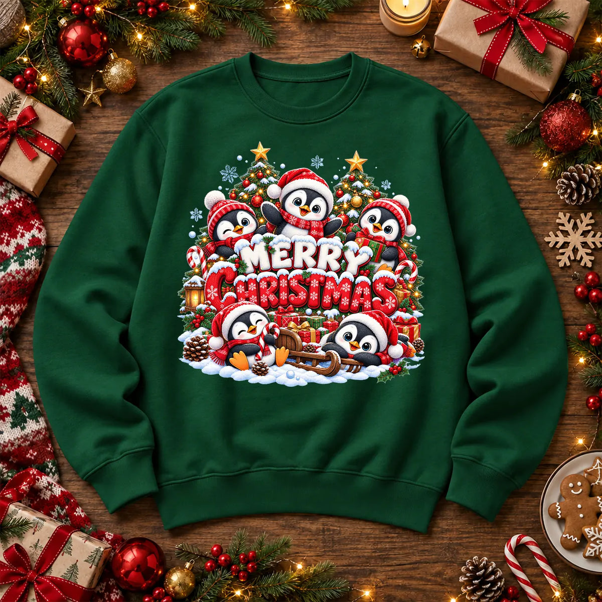 Merry Christmas penguin jumper in bottle green, festive penguins on a soft crew-neck sweatshirt