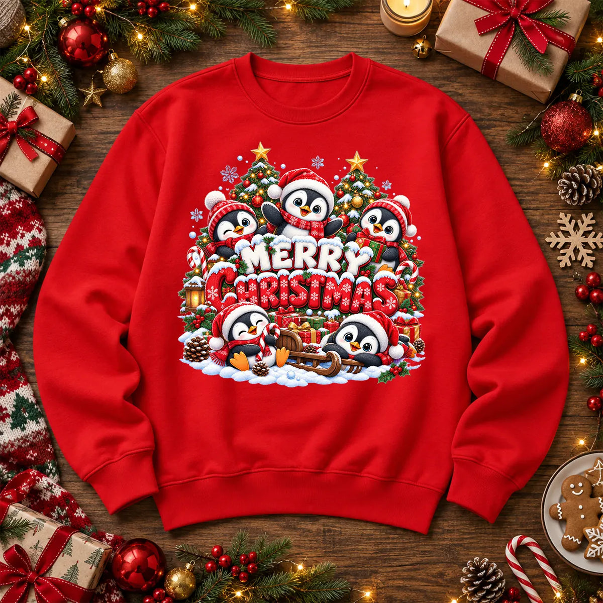 Merry Christmas penguin jumper in fire red, festive penguins on a soft crew-neck sweatshirt
