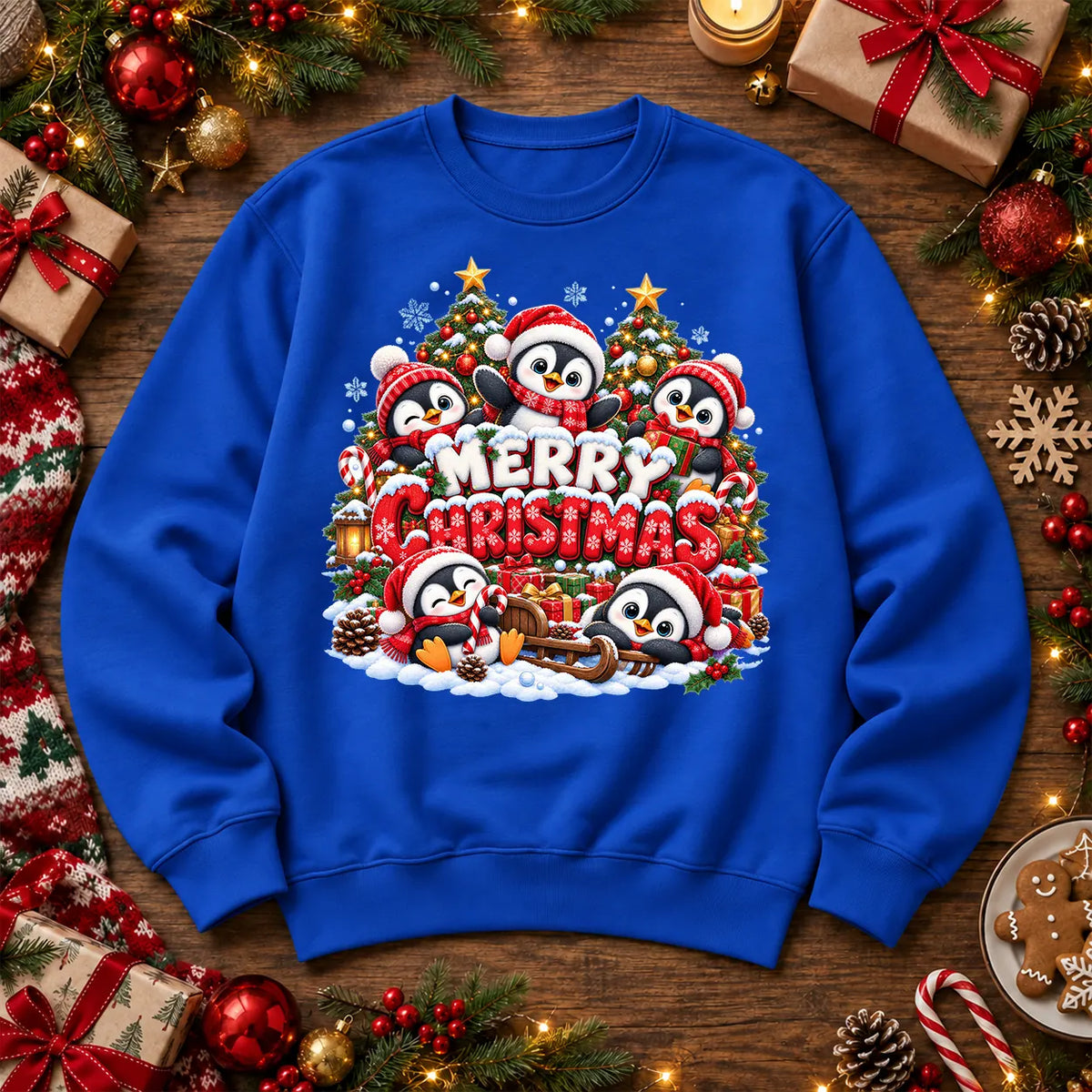 Merry Christmas penguin jumper in royal blue, festive penguins on a soft crew-neck sweatshirt