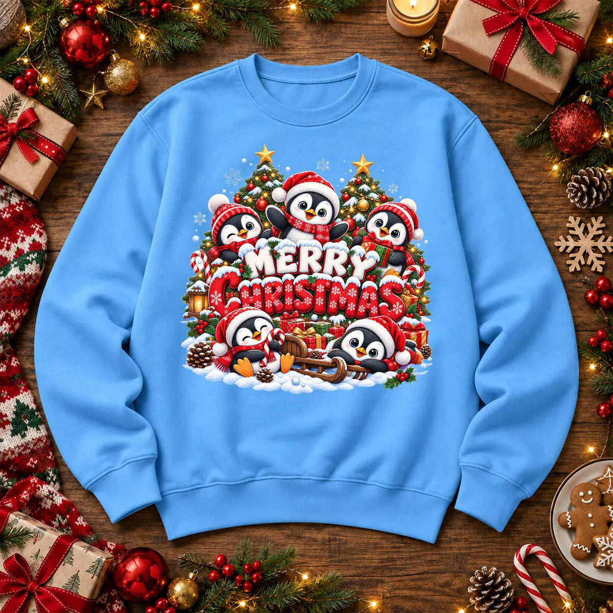 Merry Christmas penguin jumper in sky blue, festive penguins on a soft crew-neck sweatshirt