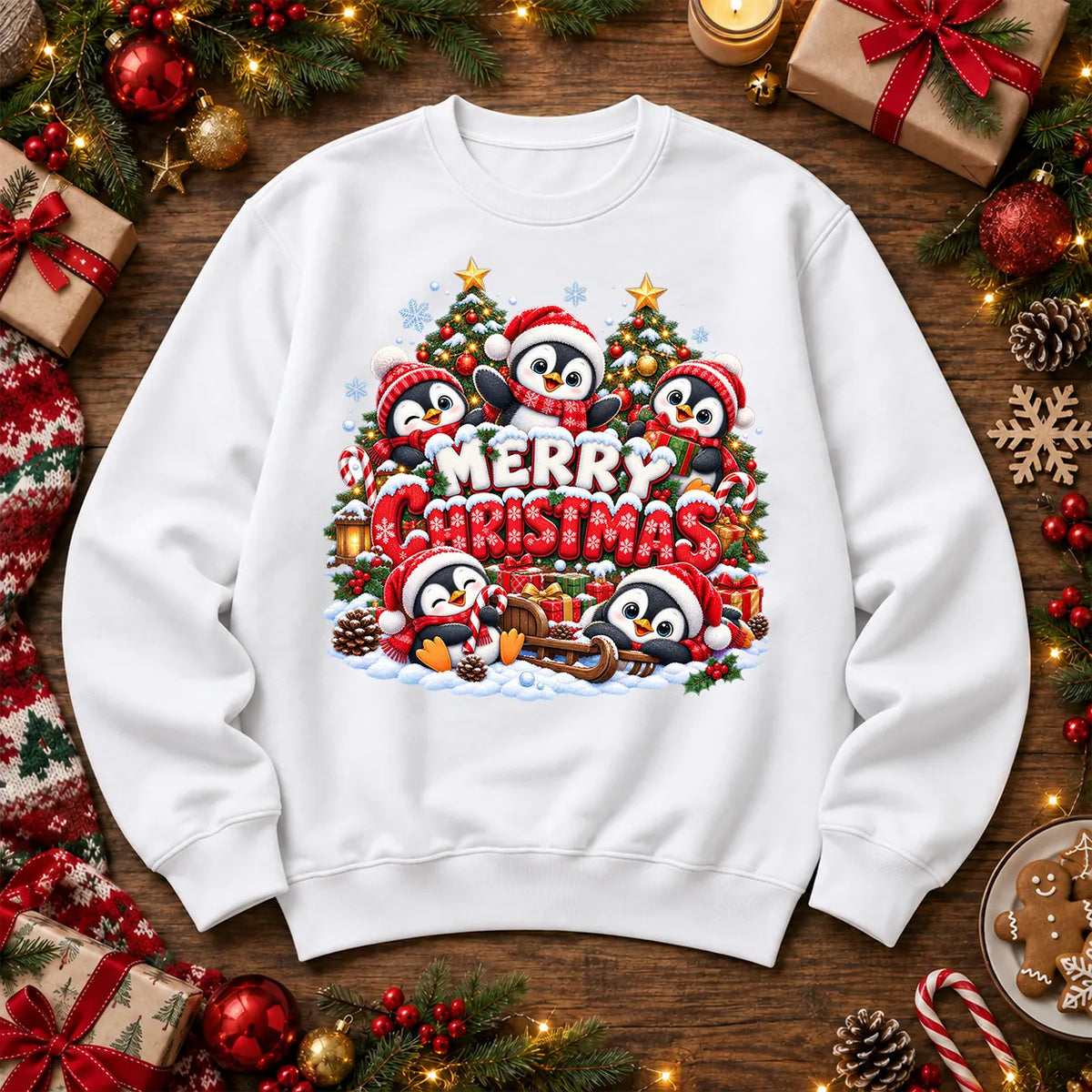 Merry Christmas penguin jumper in white, festive penguins on a soft crew-neck sweatshirt