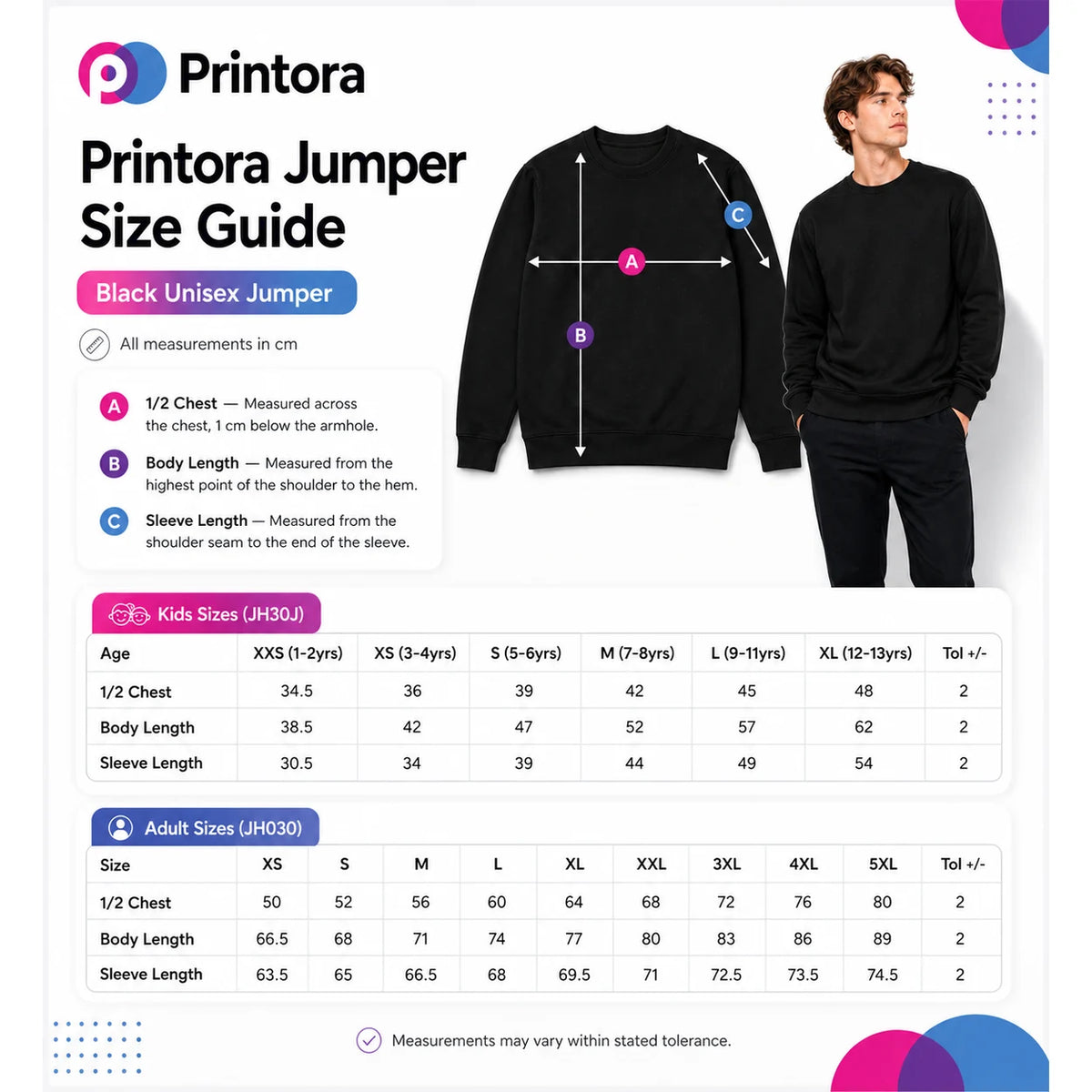 Official Printora jumper size guide with adult and children measurements