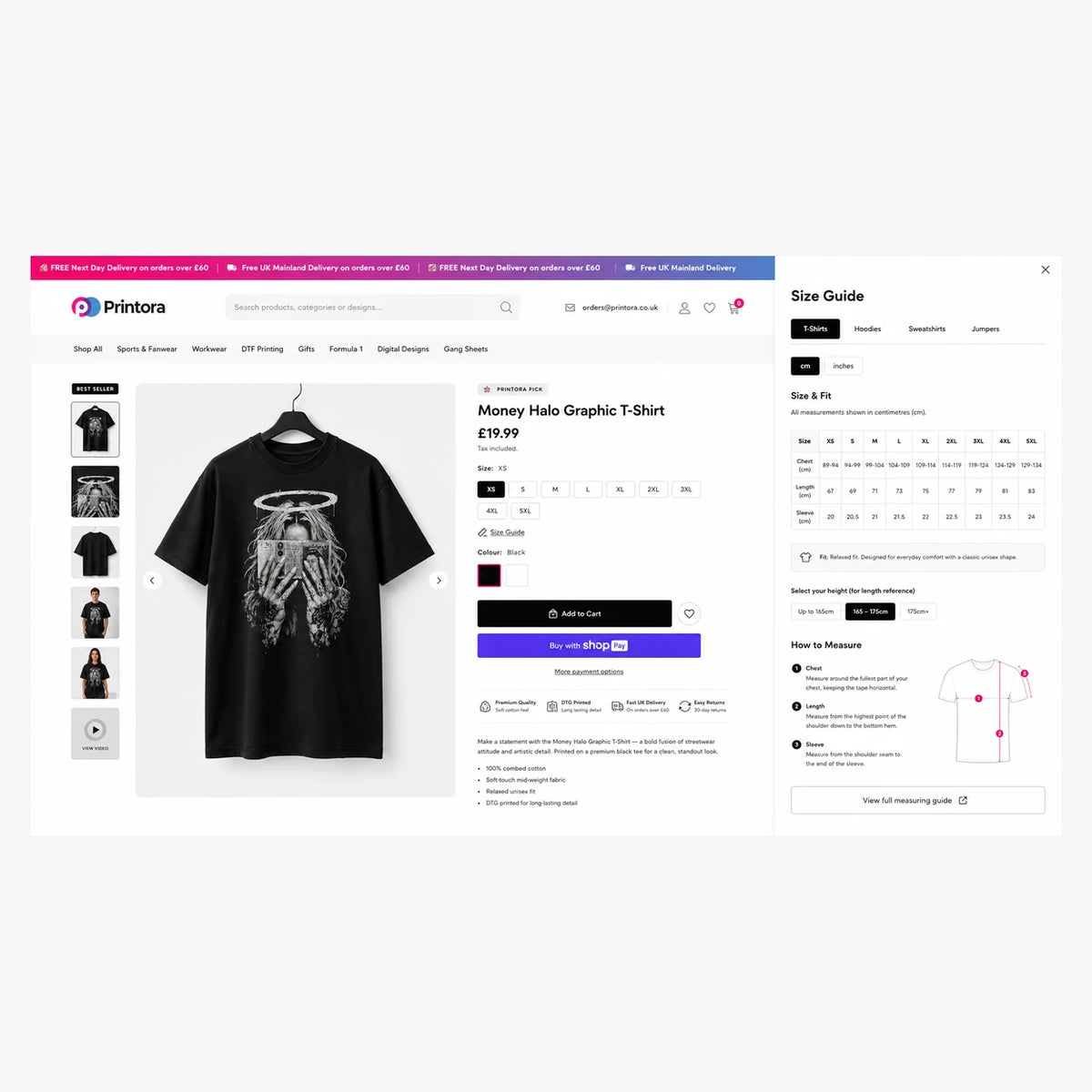 Printora adult T-shirt size guide