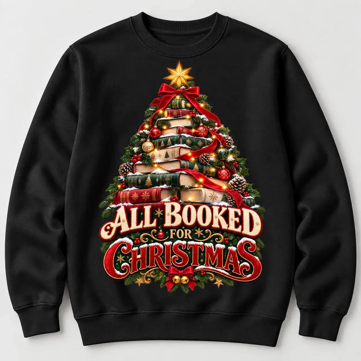 Black All Booked for Christmas book tree printed adult festive jumper front view