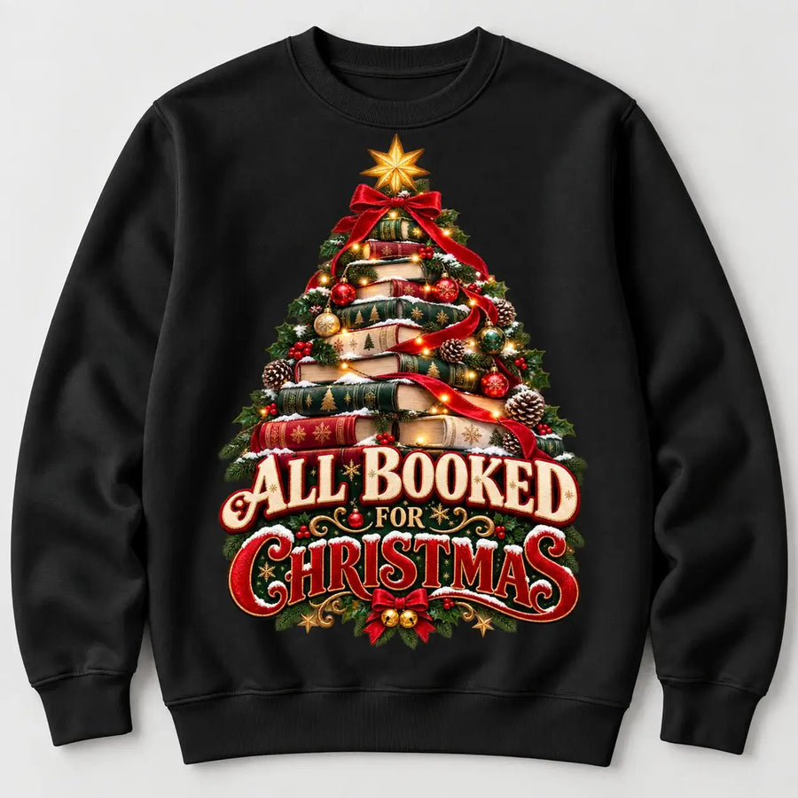 Black All Booked for Christmas book tree printed adult festive jumper front view