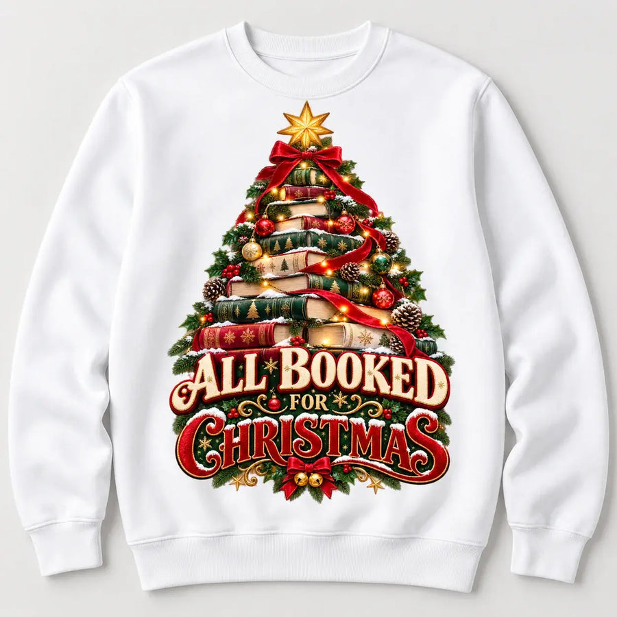 White All Booked for Christmas book tree printed adult festive jumper front view