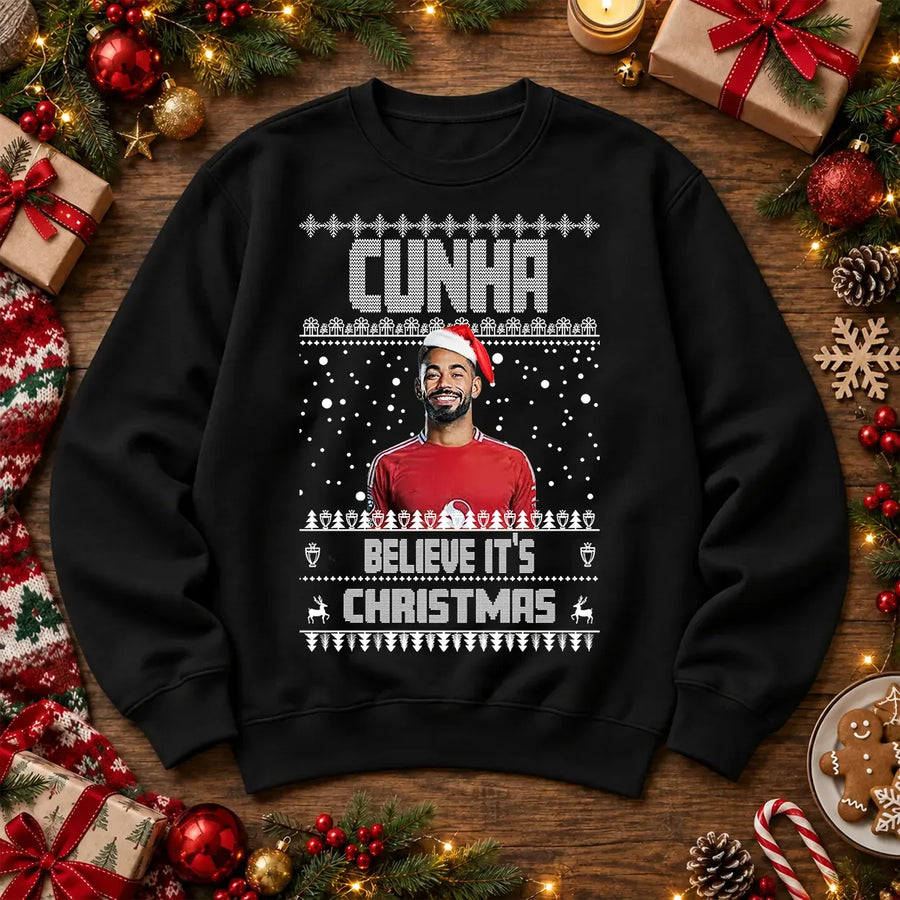 Cunha Believe It's Christmas Jumper – Classic Football Design – black colour realistic festive flat lay mockup