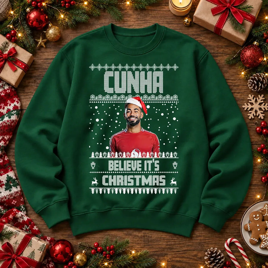 Cunha Believe It's Christmas Jumper – Classic Football Design – bottlegreen colour realistic festive flat lay mockup
