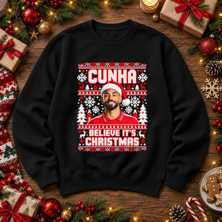 Cunha Believe It's Christmas Jumper – Festive Illustrated Design – black colour realistic festive flat lay mockup