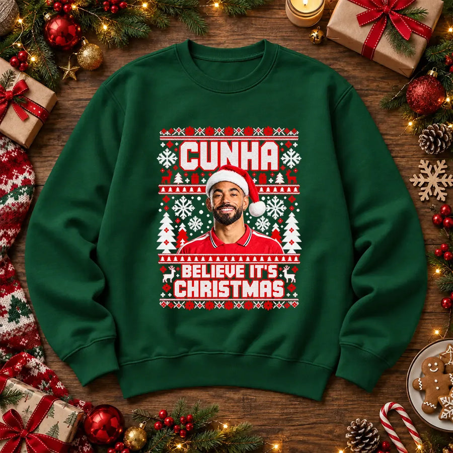 Cunha Believe It's Christmas Jumper – Festive Illustrated Design – bottlegreen colour realistic festive flat lay mockup