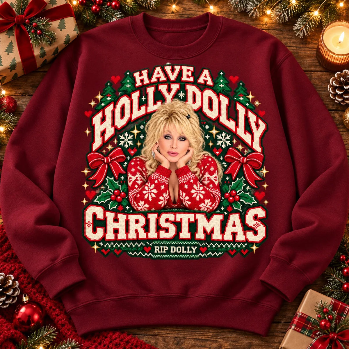 Burgundy Dolly Parton RIP Christmas tribute crewneck jumper, Have a Holly Dolly Christmas festive knitted-look print