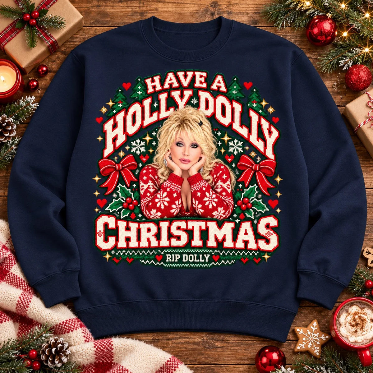Navy Dolly Parton RIP Christmas tribute crewneck jumper, Have a Holly Dolly Christmas festive knitted-look print