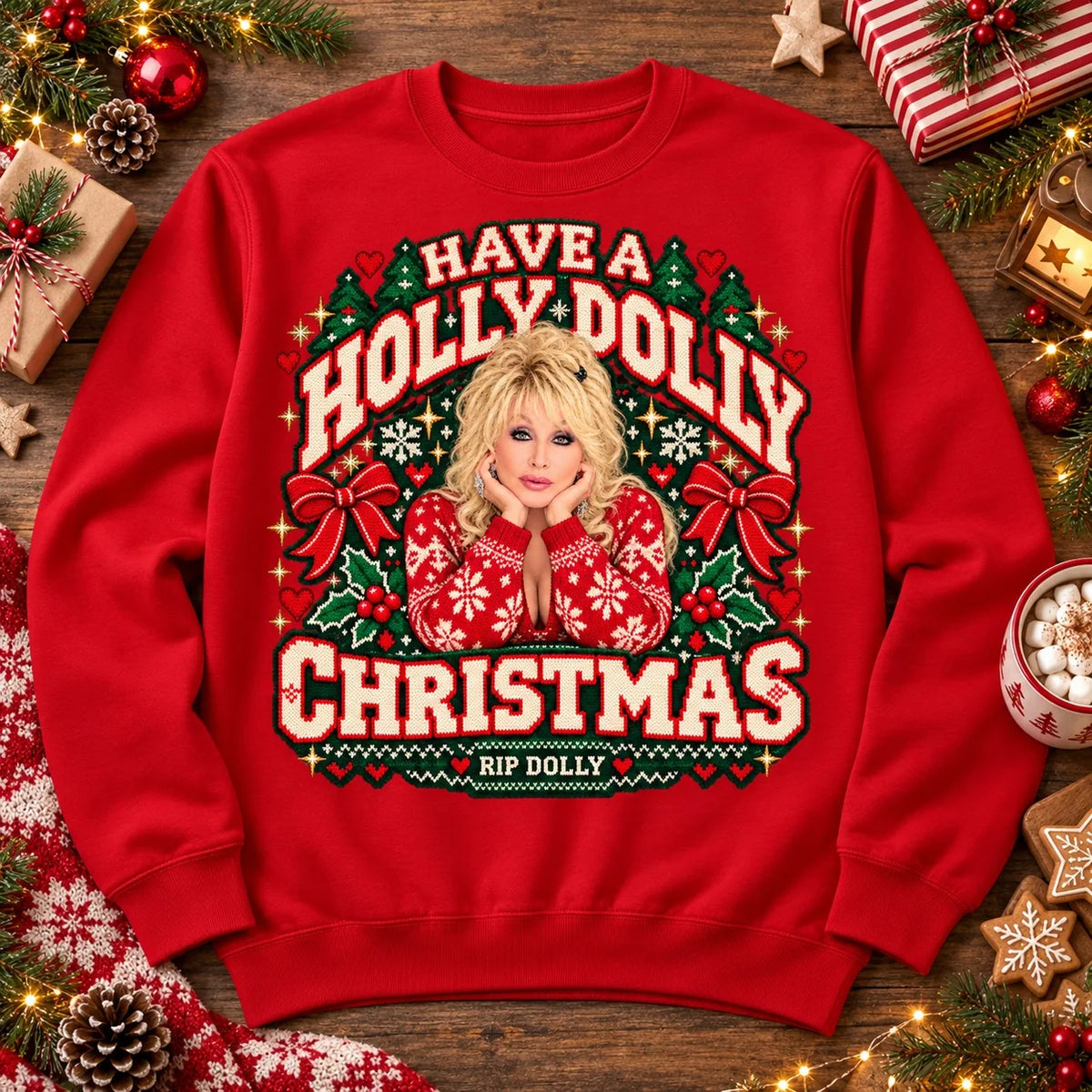 Red Dolly Parton RIP Christmas tribute crewneck jumper, Have a Holly Dolly Christmas festive knitted-look print
