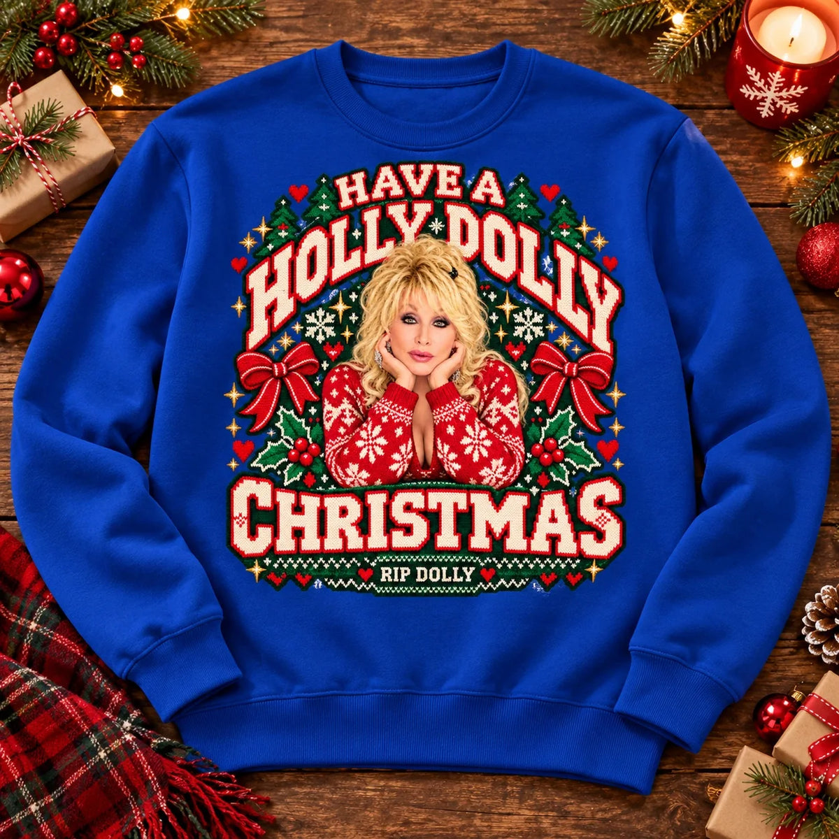 Royal Blue Dolly Parton RIP Christmas tribute crewneck jumper, Have a Holly Dolly Christmas festive knitted-look print