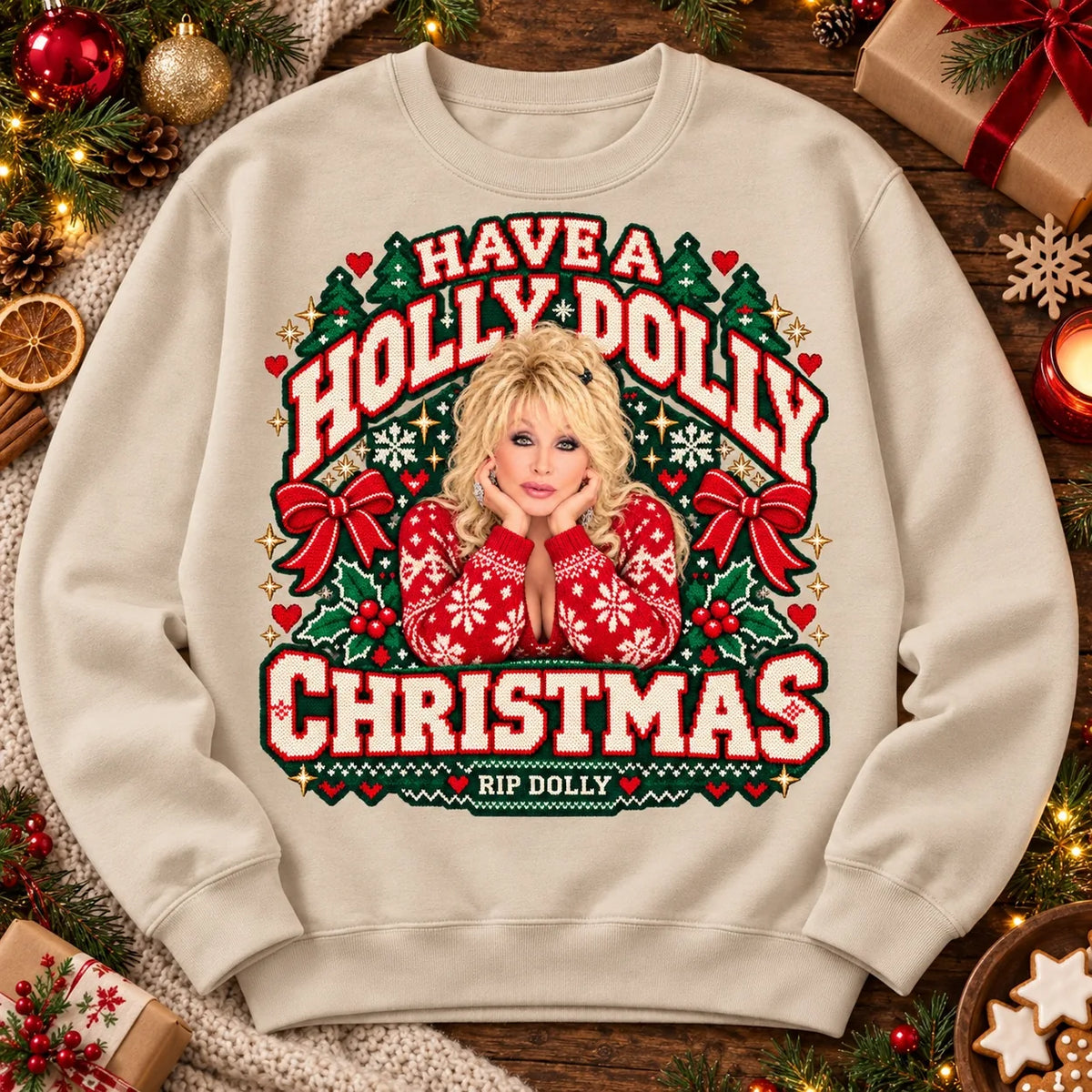 Stone Dolly Parton RIP Christmas tribute crewneck jumper, Have a Holly Dolly Christmas festive knitted-look print