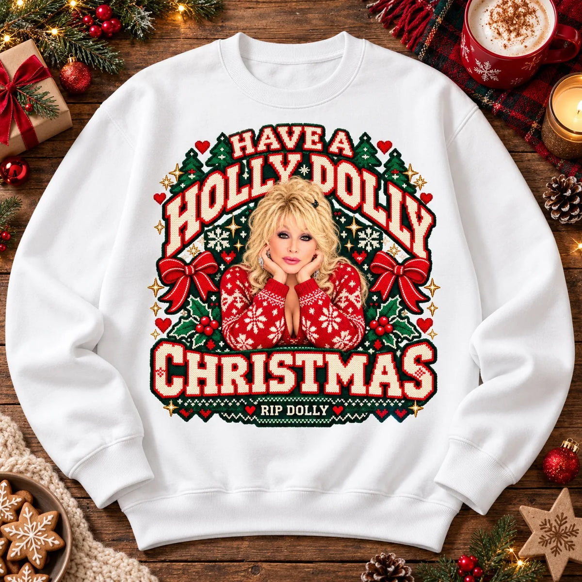 White Dolly Parton RIP Christmas tribute crewneck jumper, Have a Holly Dolly Christmas festive knitted-look print