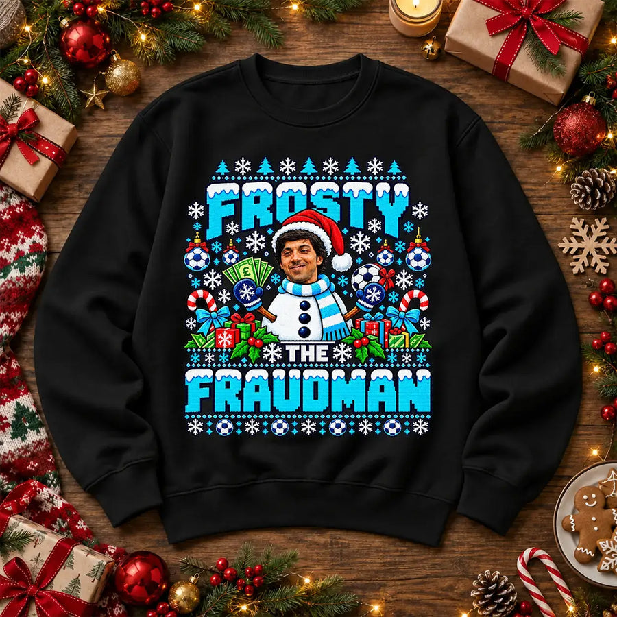 Black Frosty The Fraudman Sheikh Mansour Man City football parody Christmas jumper mockup