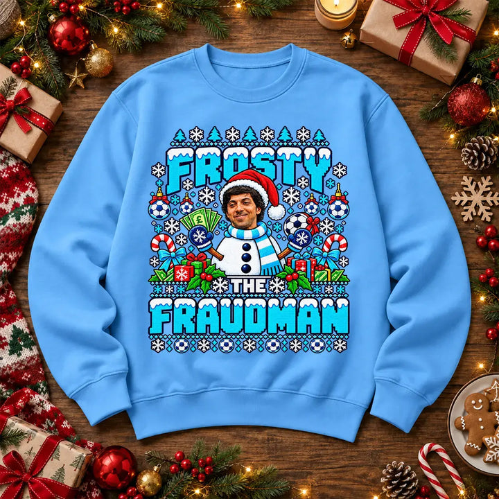 Sky Blue Frosty The Fraudman Sheikh Mansour Man City football parody Christmas jumper mockup