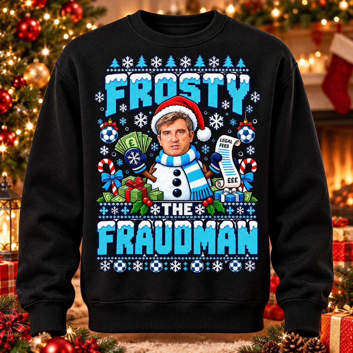 Black Frosty the Fraudman 115 football parody adult Christmas jumper printed knit-look front mockup