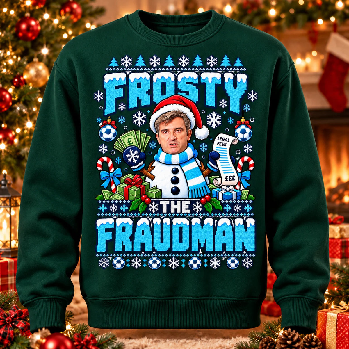 Bottle Green Frosty the Fraudman 115 football parody adult Christmas jumper printed knit-look front mockup