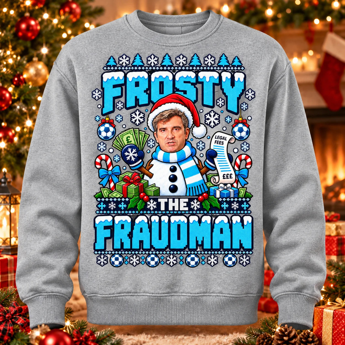 Heather Grey Frosty the Fraudman 115 football parody adult Christmas jumper printed knit-look front mockup