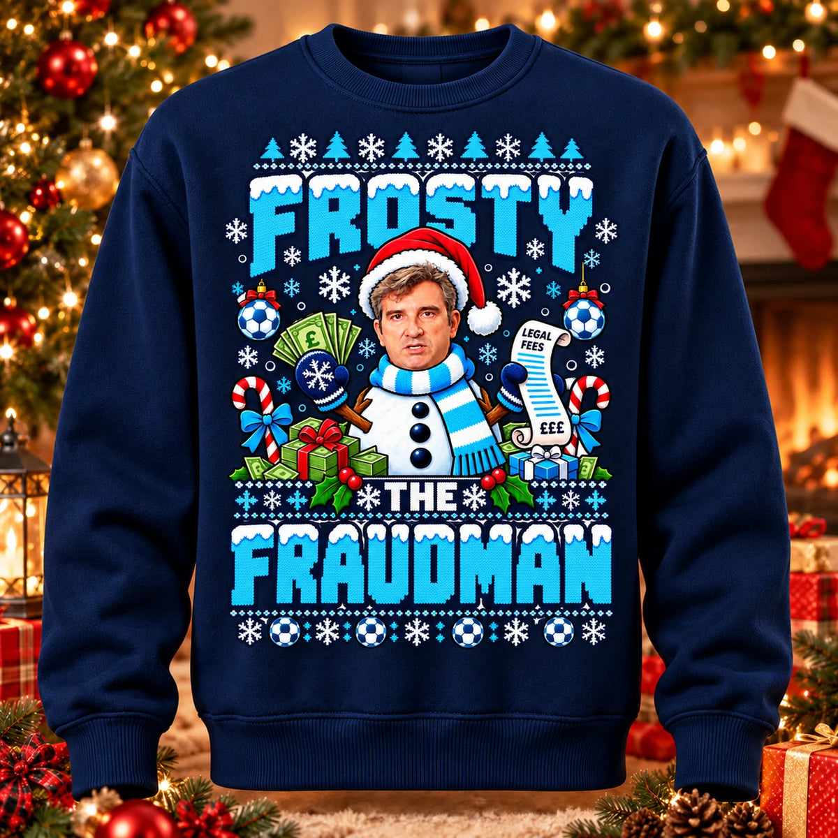 Navy Frosty the Fraudman 115 football parody adult Christmas jumper printed knit-look front mockup