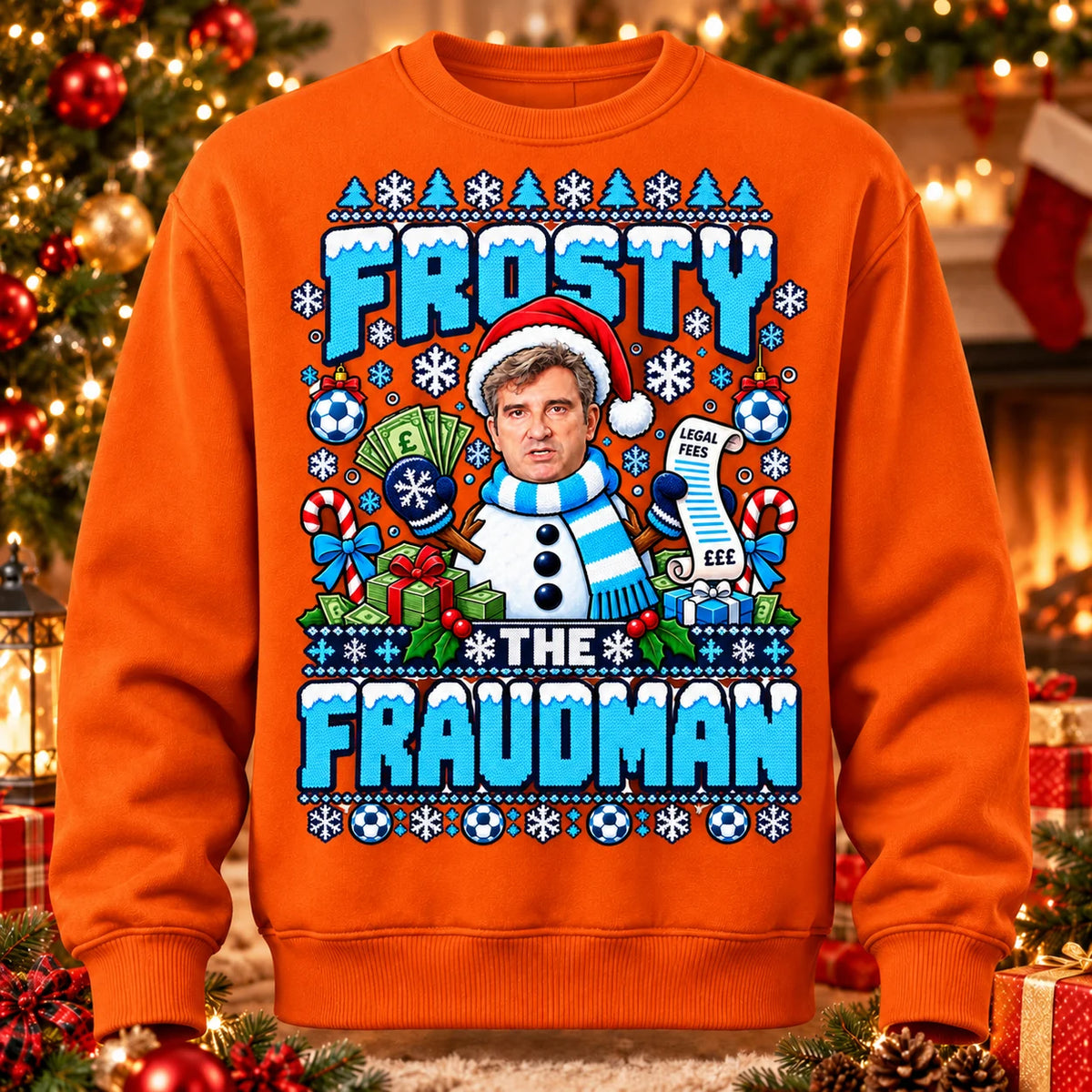 Orange Frosty the Fraudman 115 football parody adult Christmas jumper printed knit-look front mockup