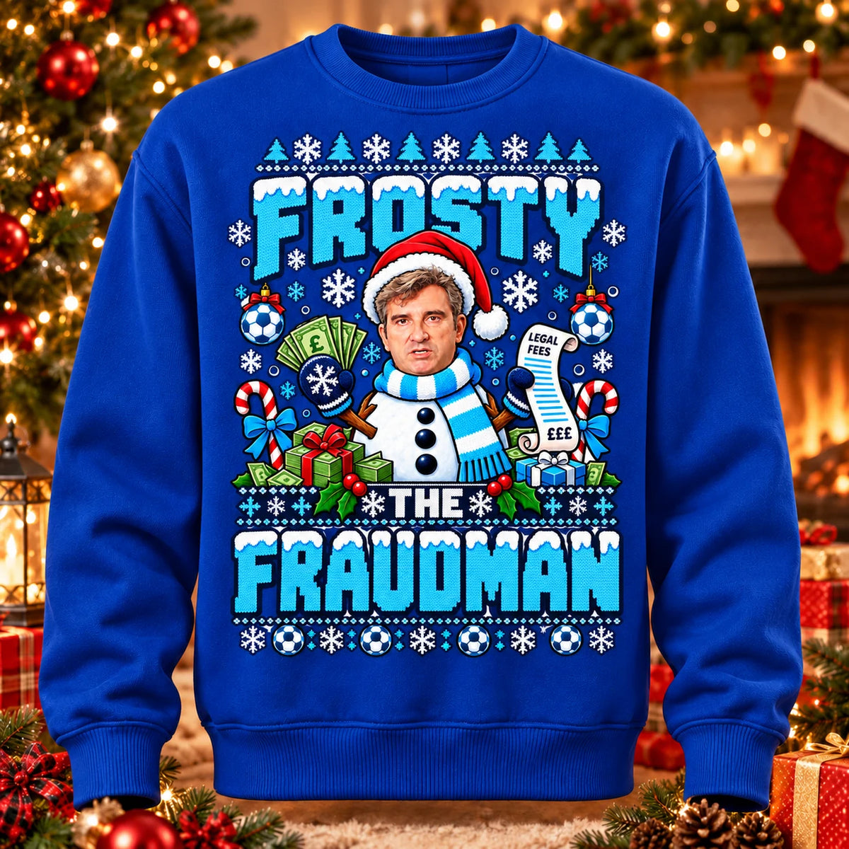 Royal Blue Frosty the Fraudman 115 football parody adult Christmas jumper printed knit-look front mockup