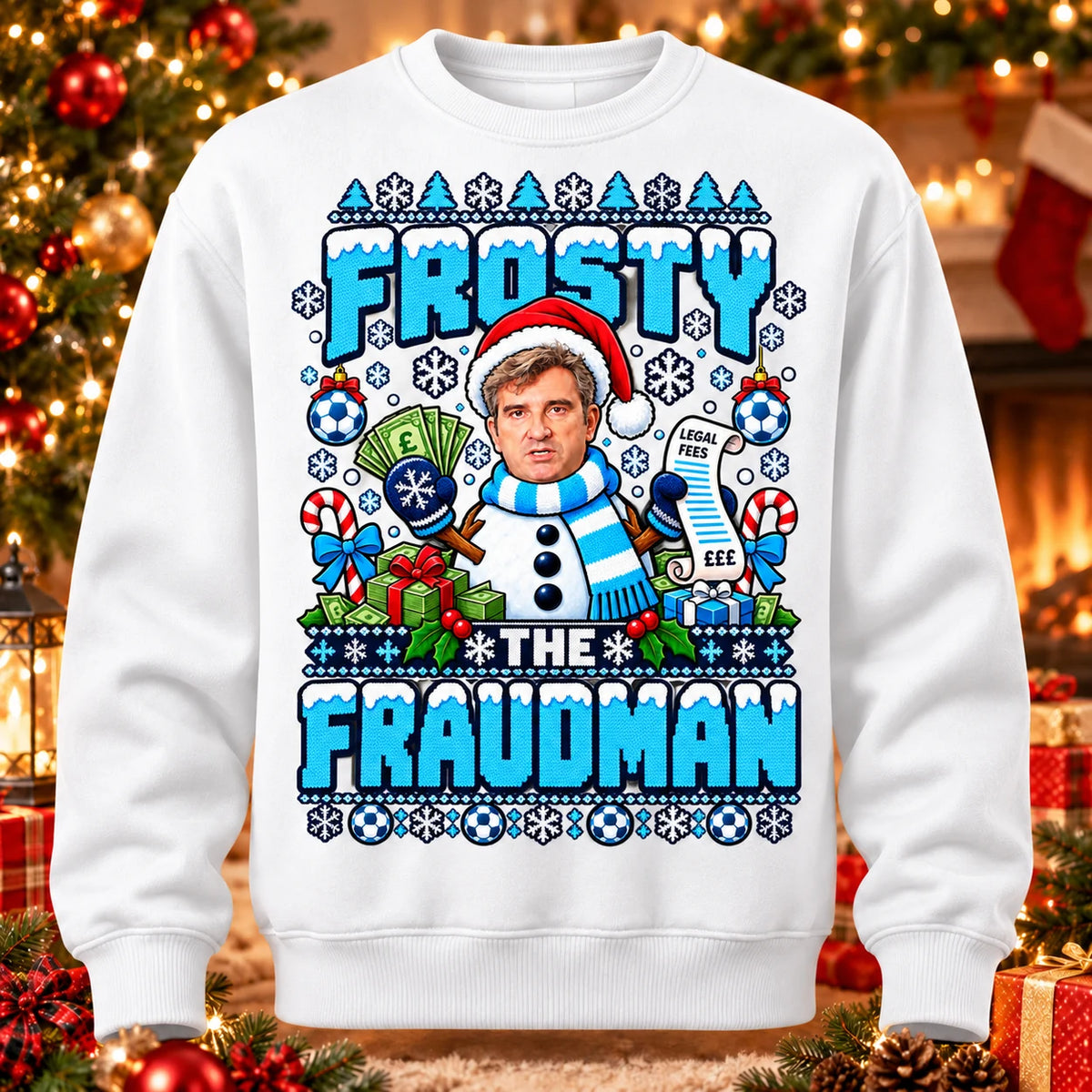 White Frosty the Fraudman 115 football parody adult Christmas jumper printed knit-look front mockup