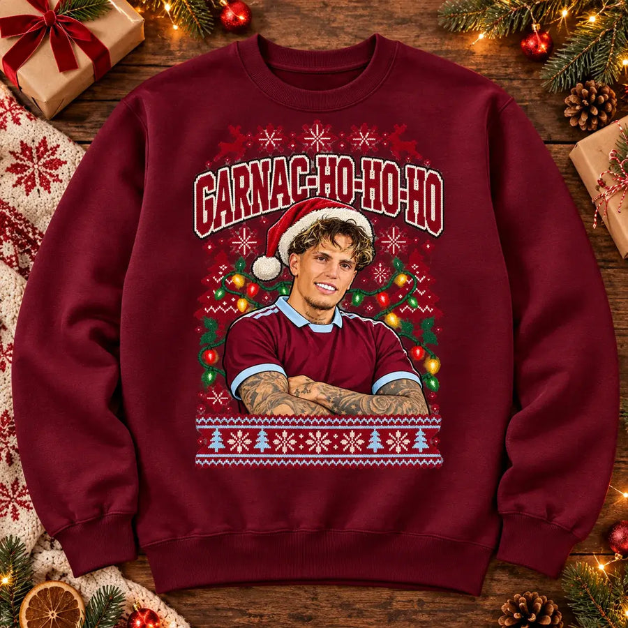 Garnac-ho-ho-ho Alejandro Garnacho funny football Christmas jumper Burgundy festive flat lay