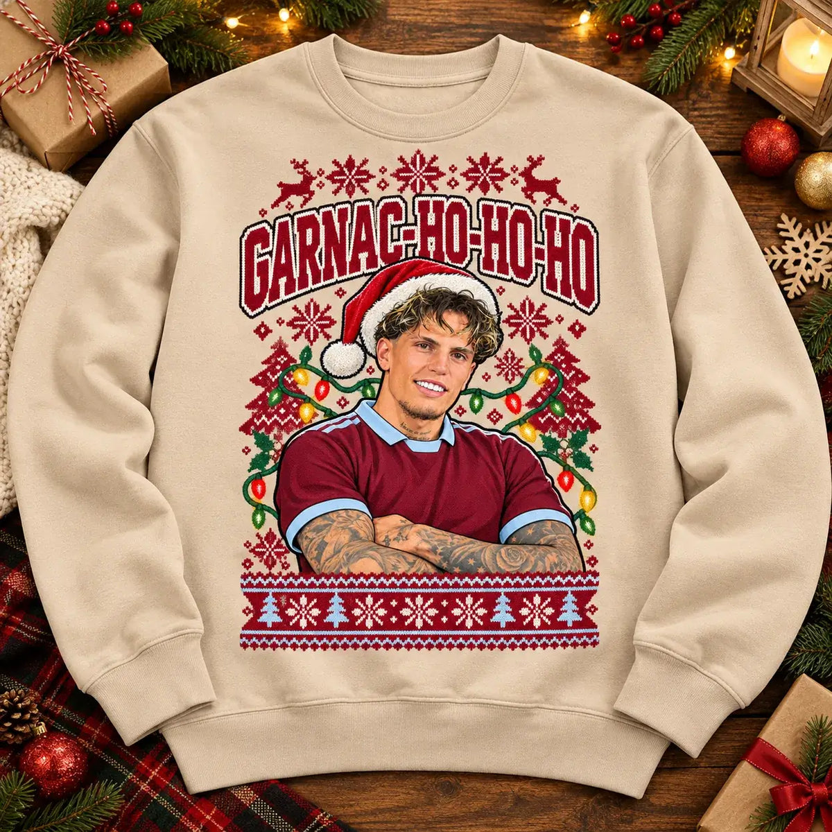 Garnac-ho-ho-ho Alejandro Garnacho funny football Christmas jumper Cream festive flat lay