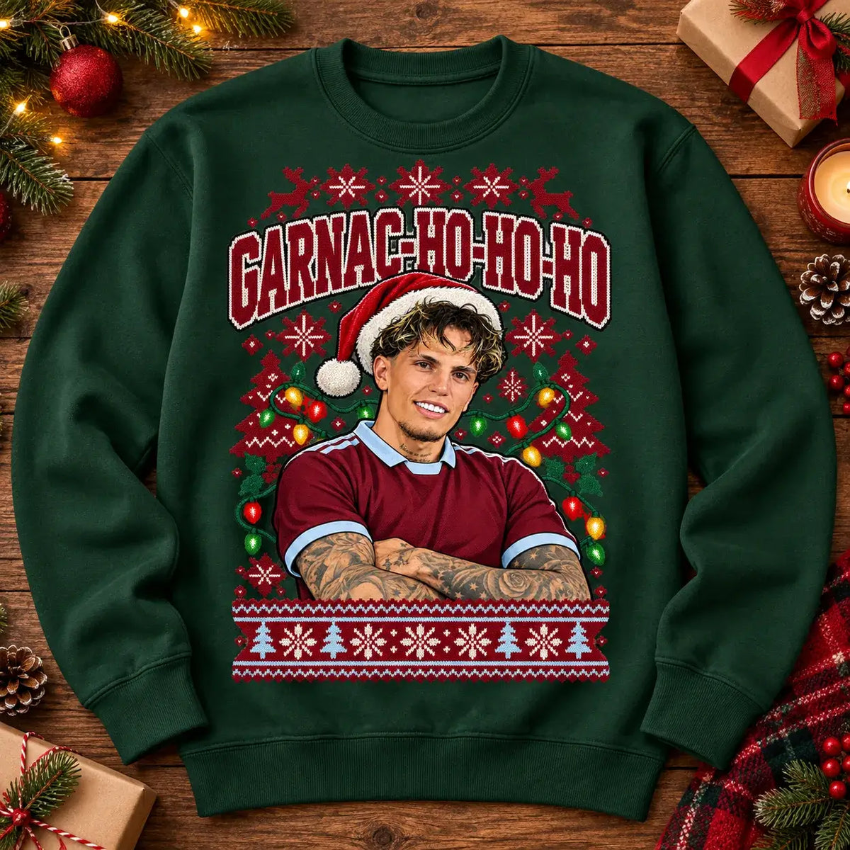 Garnac-ho-ho-ho Alejandro Garnacho funny football Christmas jumper Forest Green festive flat lay