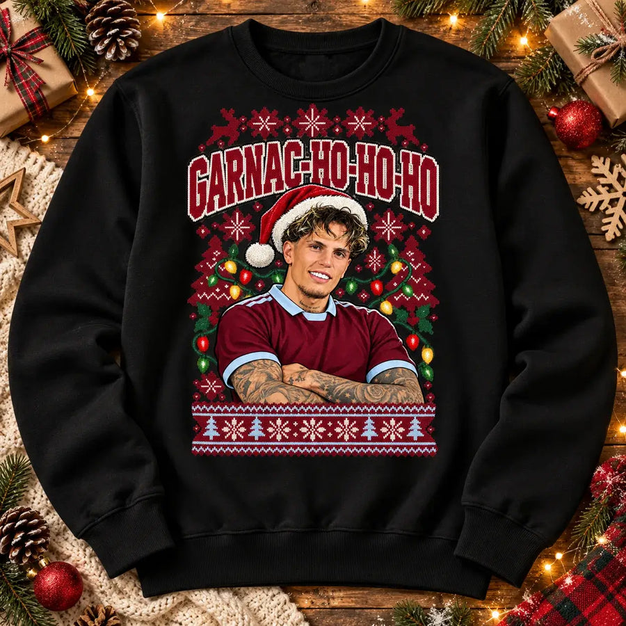 Black Garnac-ho-ho-ho Alejandro Garnacho football Christmas jumper festive flat lay