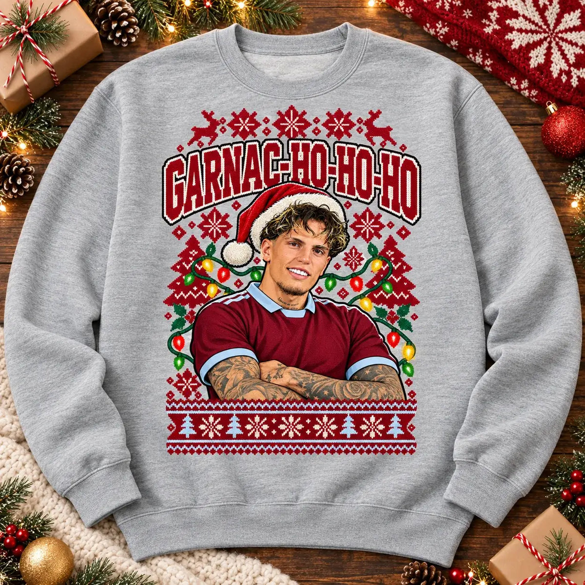 Garnac-ho-ho-ho Alejandro Garnacho funny football Christmas jumper Heather Grey festive flat lay