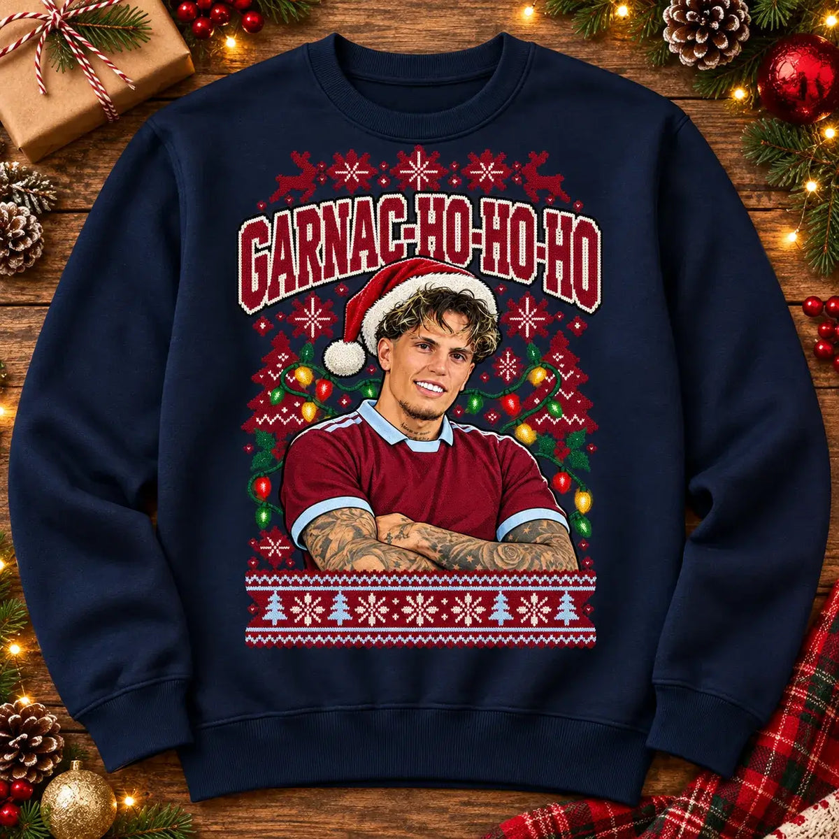Garnac-ho-ho-ho Alejandro Garnacho funny football Christmas jumper Navy festive flat lay