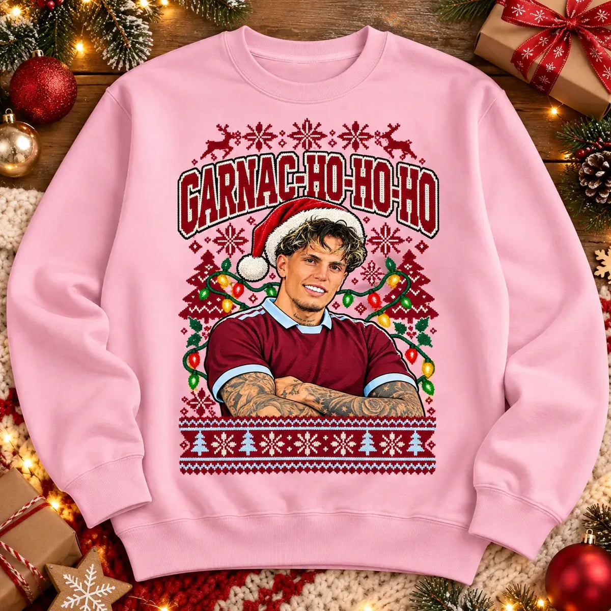 Garnac-ho-ho-ho Alejandro Garnacho funny football Christmas jumper Pink festive flat lay